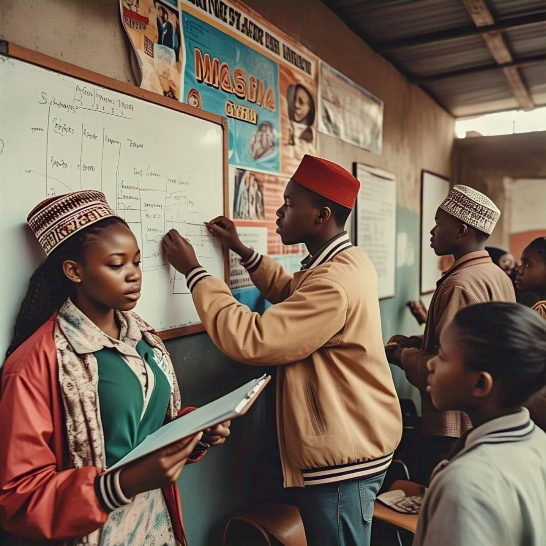 A group of students organizing an event, with one student holding a clipboard and another setting up a poster, showcasing leadership in action.