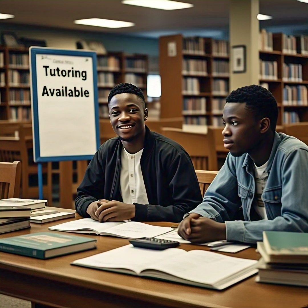 A student tutoring a peer at a library table, with textbooks and notebooks spread out, and a "Tutoring Available" sign in the background.