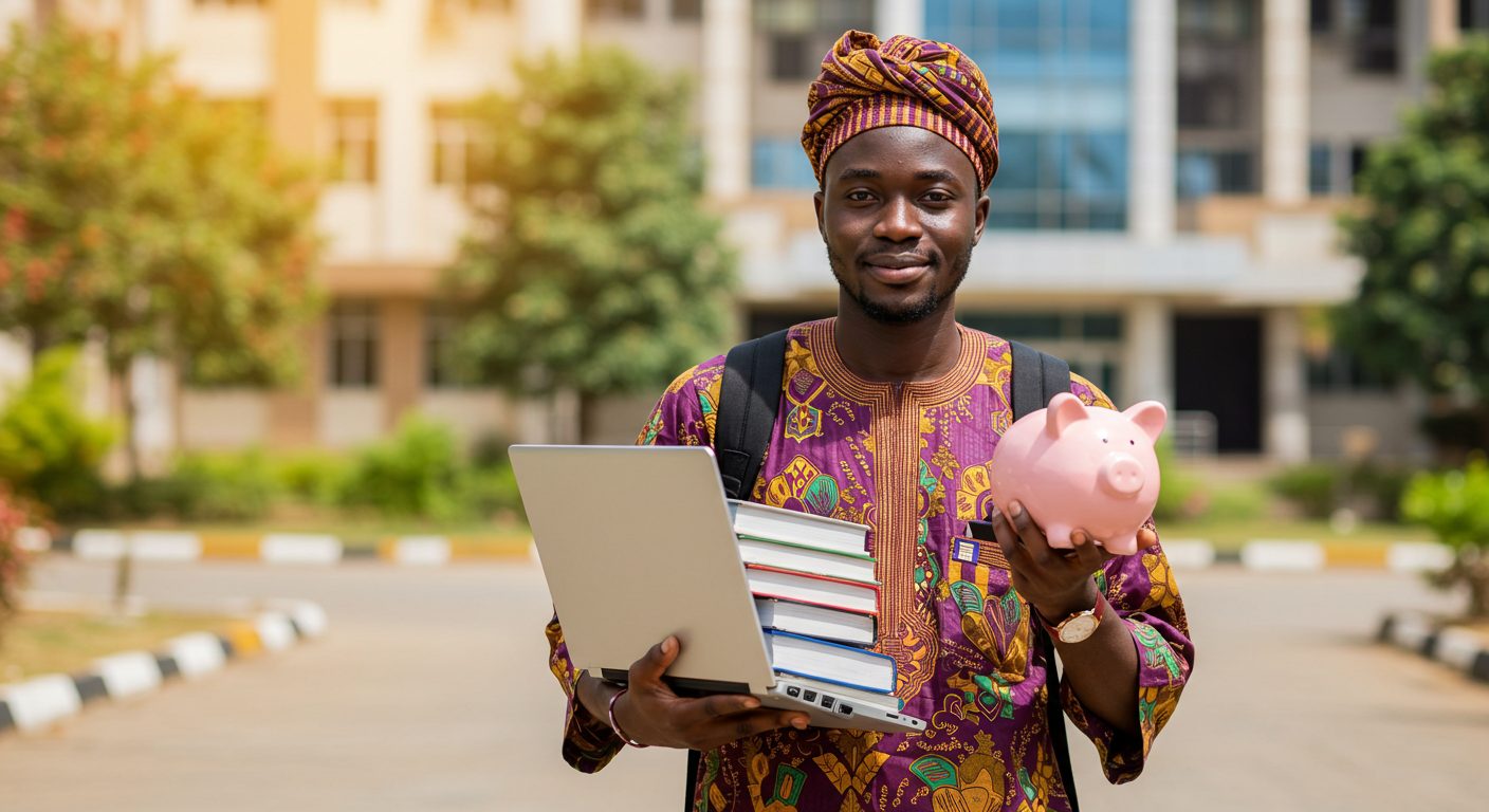 A Hausa Nigerian college student juggling books, a laptop, and a piggy bank.