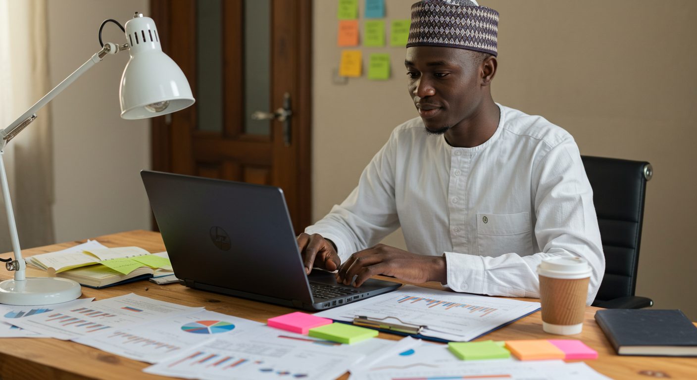 A student working on a laptop with research papers and charts spread out on a desk, surrounded by coffee cups and sticky notes.