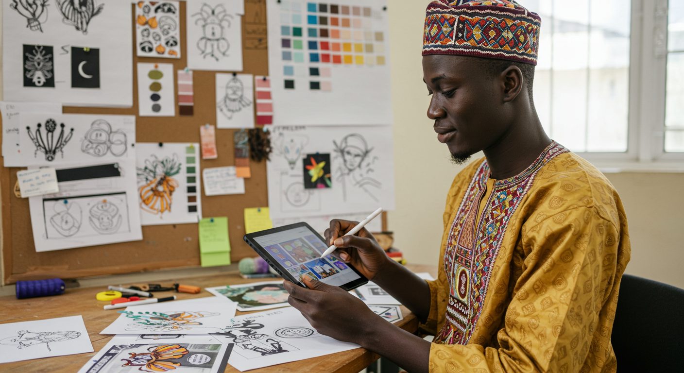 A student designing graphics on a tablet, with colorful illustrations and a mood board in the background.