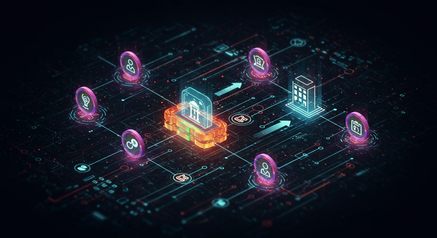 A futuristic blockchain graphic with tokens and rewards flowing between students and a university, symbolizing incentive systems.